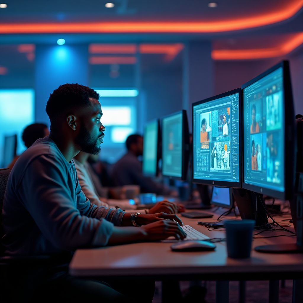 Digital lab with students working on advanced software techniques